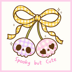 Coquette Halloween, Cute Vintage Gingham Skull Cherries with Ribbon Bow Illustration Hand Drawn