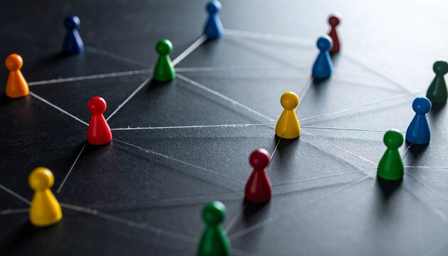 Multicolored pawns connected by white strings on dark surface—circular web-like arrangement—evokes crafted connection, symbolic community, and the rhythm of networks, diversity, and shared structure.