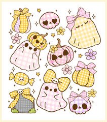 Coquette Halloween, Cute Spooy Vintage Gingham Ghost with Autumn Pumpkin Illustration Hand Drawn Set