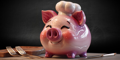 A pink ceramic piggy bank wearing a white chef hat on a wooden table or kitchen counter, against a blank chalkboard with copy space. Perfect for food budgeting or culinary finance ads. Generative Ai.