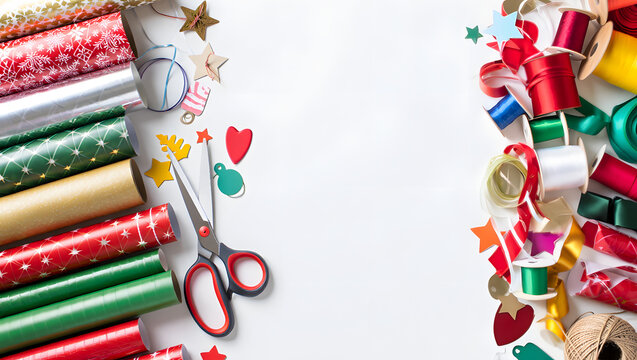 Festive Wrapping Essentials: A colorful array of ribbons, wrapping paper rolls, scissors and decorative elements are carefully arranged, set against an empty background.