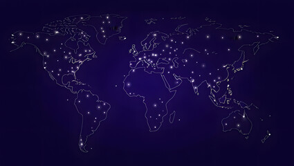 Global Connection: A visual representation of global connectivity, with a constellation of illuminated points outlining the world map against a deep blue backdrop.