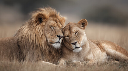 Majestic lions resting close together under soft sunlight, showcasing a tender moment of affection in a serene savanna landscape surrounded by grass.