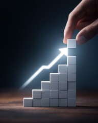 Hand Placing Blocks to Form Upward Arrow Graph, Business Growth Concept on Dark Background