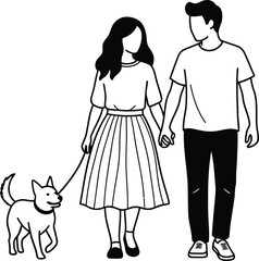 Couple walking dog together in simple line art style illustration on transparent background