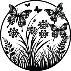 Black and white illustration of butterflies and flowers in a circle