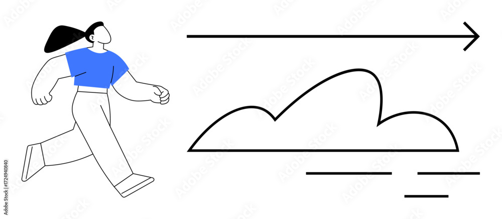 Poster female figure in active motion running forward alongside a minimalistic cloud and directional arrow.