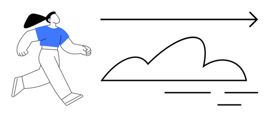 Female figure in active motion running forward alongside a minimalistic cloud and directional arrow. Ideal for themes thumbs up progress, motivation, success, achievement, goals, determination © robu_s