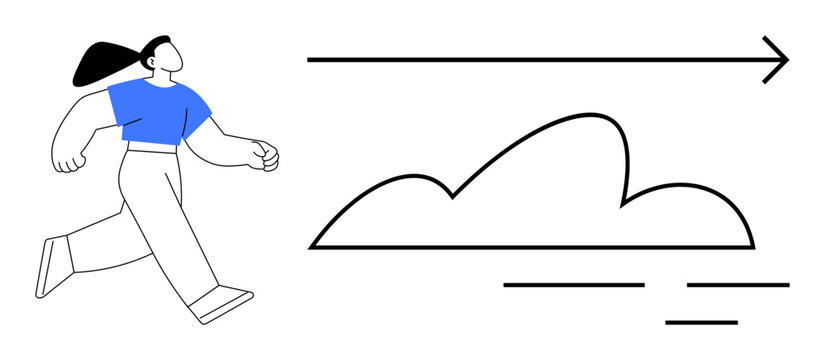 Female figure in active motion running forward alongside a minimalistic cloud and directional arrow. Ideal for themes thumbs up progress, motivation, success, achievement, goals, determination