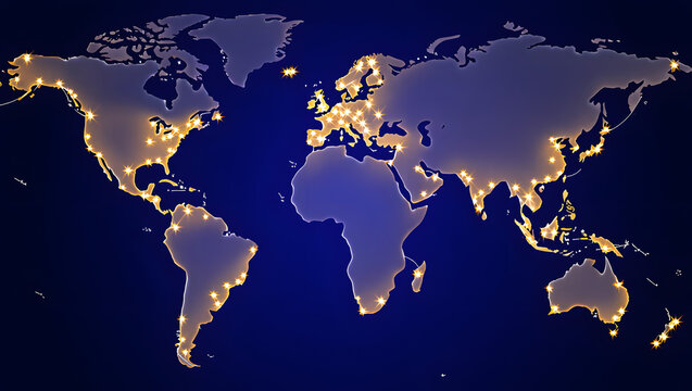 Global Network: A radiant map of the world showcases interconnected cities, their lights illuminating the expanse of continents, symbolizing global connection and technological advancement. - Powered by Adobe