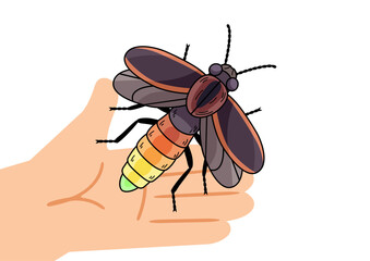 An illustration image of a hand holding a glowing firefly. Nature and insect conservation concept for educational material.