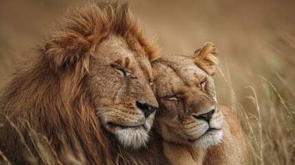 Obraz premium Lions resting together in a grassy field with eyes closed, enjoying a peaceful moment in their natural habitat under soft light.