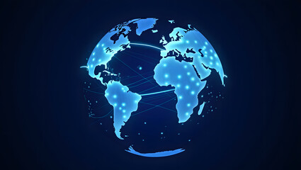 Global Network:  A radiant representation of the world, illuminated by a web of interconnected lines and data points, symbolizing the essence of global communication and connection.