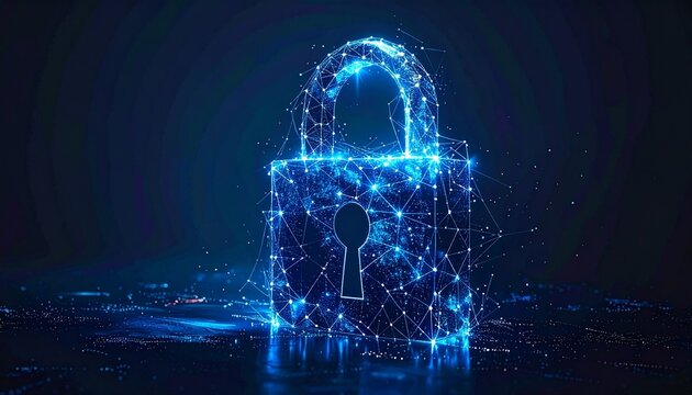 Digital padlock formed by glowing blue nodes and lines—set against dark backdrop—evokes crafted encryption, symbolic protection, and the rhythm of cybersecurity, privacy, and secure connectivity.