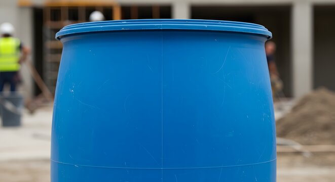 Blue plastic drum on construction site