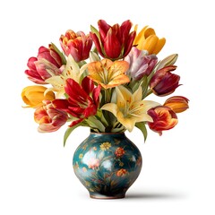 Vibrant bouquet of tulips and lilies in ornate teal vase, still life floral arrangement