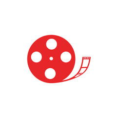 A bright red film reel icon with a trailing strip of movie film
