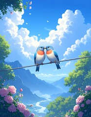 Two birds perched on a wire, idyllic landscape