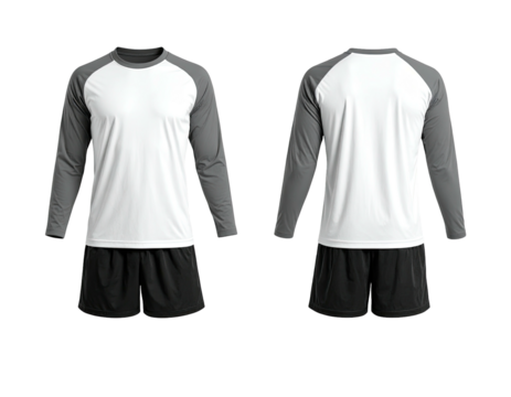 Blank white long-sleeve sports jersey with gray accents, paired with black shorts, presented front and back views