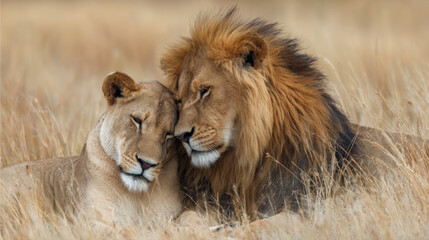 Fototapeta premium Majestic lions resting closely together in a serene golden grassland under warm sunlight, showcasing their powerful bond and natural beauty in the wild.