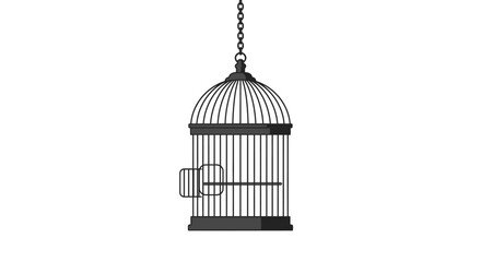 Simple Black Birdcage Hanging from Chain Isolated on White Background.
