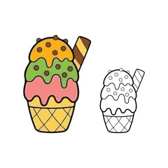 Triple Scoop Ice Cream Cone with Coloring Page Outline