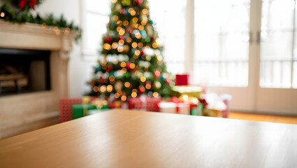 Cozy Christmas Scene: A warmly lit Christmas tree, adorned with shimmering ornaments and twinkling lights, stands as the centerpiece of a festive scene. surrounded by wrapped gifts.