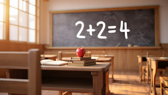 School Classroom Math: An inviting school classroom interior with the classic math equation 2+2=4 displayed prominently on the chalkboard, with an apple - Powered by Adobe