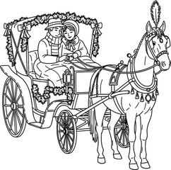 Couple riding in a horsedrawn carriage decorated for a festive occasion on transparent background