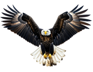Powerful bald eagle in flight against black background