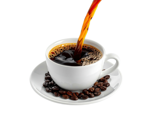 Coffee being poured into a white cup.  Dark liquid flows, creating a cascade into a full cup.  Coffee beans are visible on the saucer