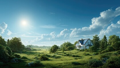 Sunny, white house nestled in a lush green landscape