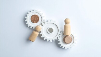 Three interlocked white gears—each holding a wooden figurine, two light and one dark—set against neutral backdrop—evokes crafted collaboration, symbolic diversity, and the rhythm of systemic unity.