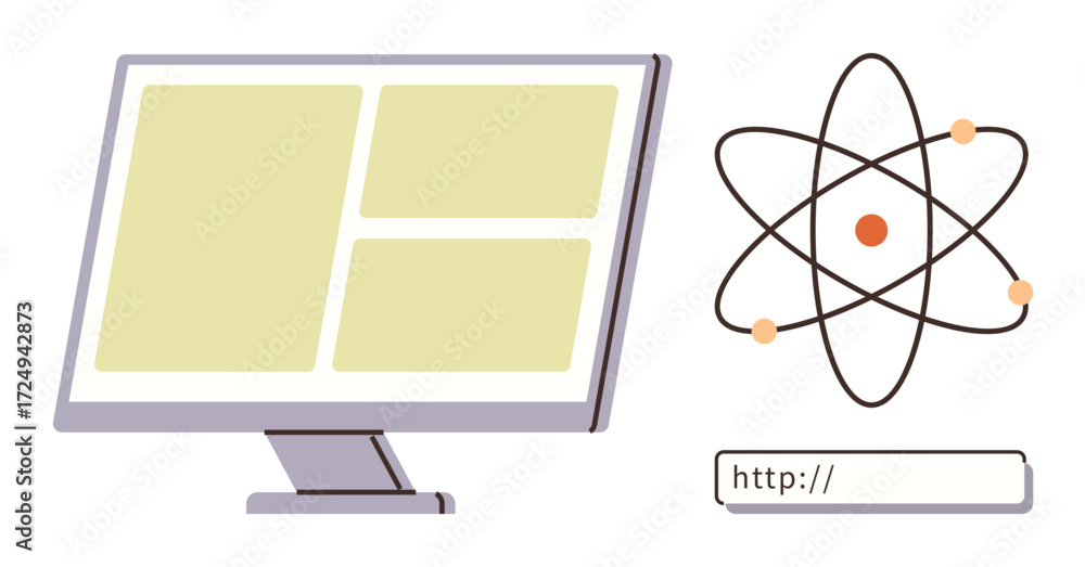 Aufkleber monitor with grid, atom model symbolizing science, and web address bar linking technology, education