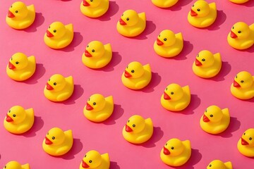 Fototapeta premium Playful pattern of bright yellow rubber ducks evenly spaced on a bold pink background in modern pop art style.