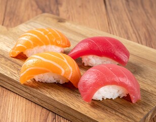 Assorted Sushi Set with Salmon, Tuna and Rice Isolated on Wooden Background for Japanese Food Object and Seafood Cuisine Concept