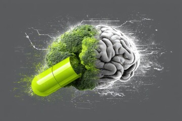 The merger of cognitive enhancement and nutrition depicted through a green capsule releasing broccoli elements into a grey brain representing holistic brain health and nutrition balance