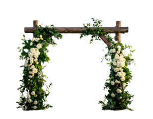 Rustic outdoor wedding arch with white roses and leaves