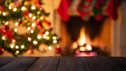 Festive Cheer: A cozy Christmas scene featuring a glowing tree, stockings by the fireplace and a wooden table in the foreground, evoking a sense of warmth, joy and festive togetherness.