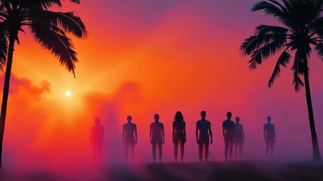 Silhouetted figures standing against a vibrant sunset with palm trees in the background