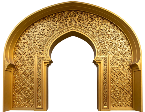 Royal golden mosque arch with ornamental pattern isolated on transparent background