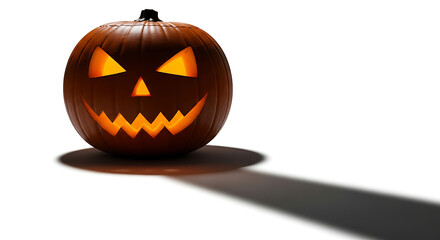 Illuminated jack o lantern with triangular eyes and jagged teeth on a white surface casting a shadow ai generated