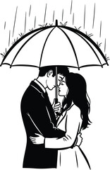 Romantic couple embracing under an umbrella in the rain illustration on transparent background