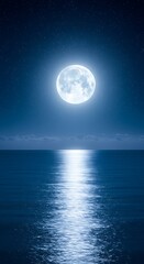 Naklejka premium Stunning full moon reflecting on the tranquil ocean waters beneath a star filled night sky, creating a sense of peace and awe in nature