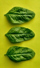 Three fresh green spinach leaves arranged in a vertical row on a vibrant yellow background