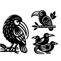 Illustration of three groupings of stylized black birds including toucans and other small birds