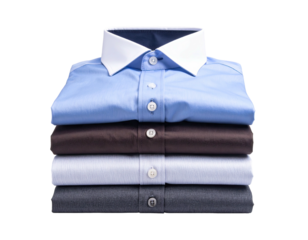 A stack of five folded dress shirts in varying shades of blue, brown, and gray