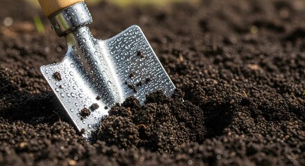 Trowel digging into rich, dark soil, preparing garden bed for planting