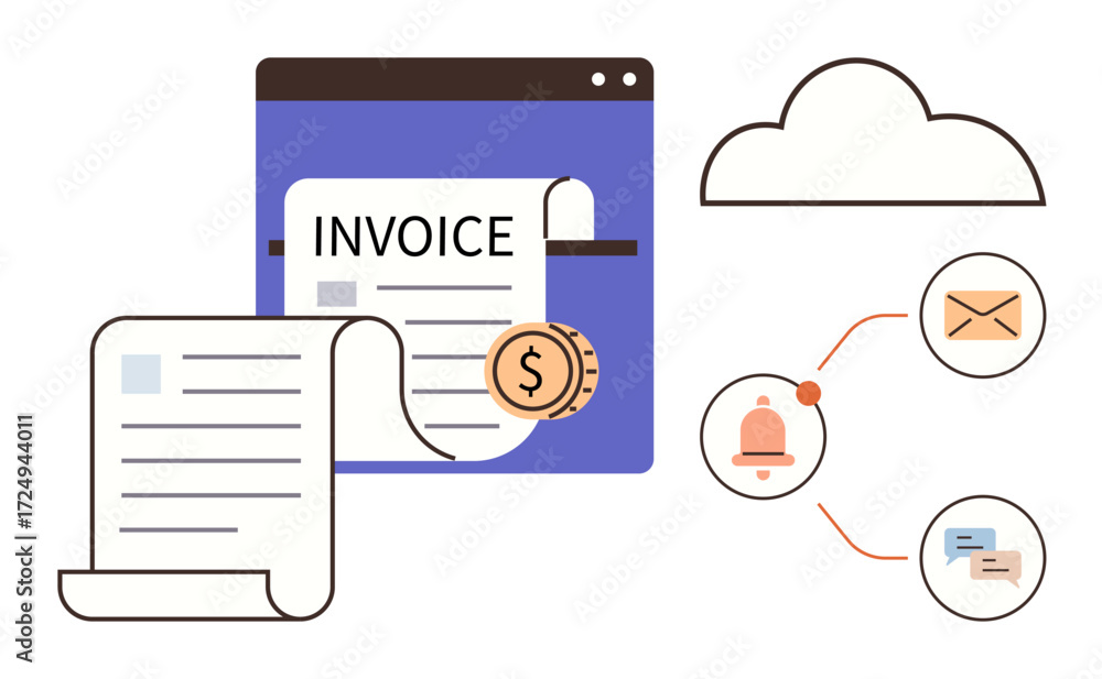 Poster invoice document in browser interface, connected icons for email, alerts, and messaging, and cloud s