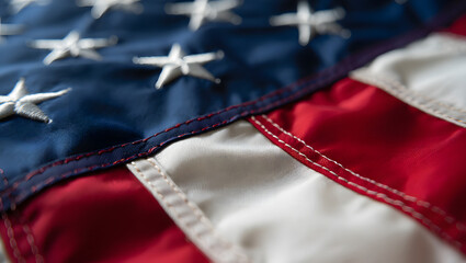 Patriotic Pride: A close-up shot of the American flag with its iconic stars and stripes, The vibrant colors and rich textures of the fabric celebrate national identity.